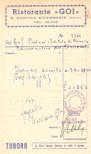 Materiale pubblicitario d’epoca 1967 SAN MARTINO SICCOMARIO PV Ristorante GOI Birra TUBORG Ricevuta 2 1