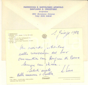 Autografo originale 1982 BORZONASCA Don Lino GAVAZZOTTI  Cartolina auguri onomastico  AUTOGRAFO 1
