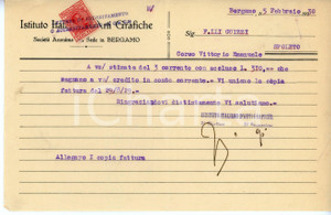 Documento originale, autentico 1930 BERGAMO Istituto d arti grafiche  Lettera commerciale 22x14 cm 1