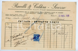 Documento originale, autentico 1931 SAREZZO Stabilimento calce RAVELLI E CALDERA Fattura Conte Ippolito CALINI 1