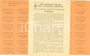 Documento originale, autentico 1935 ENTE NAZIONALE FASCISTA MUTUALITA  SCOLASTICA  Istruzioni e tagliandi 1