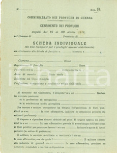 Documento originale, autentico 1918 ROMA WW1 Censimento profughi guerra Scheda individuale NON COMPILATA 1