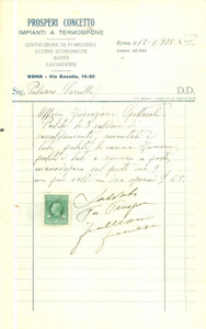 Materiale pubblicitario d’epoca 1935 ROMA Concetto PROSPERI Impianti termosifone Costruzione fumisteria Fattura 1