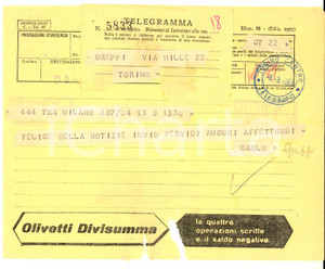 Documento originale, autentico 1953 TORINO Telegramma pubblicitario OLIVETTI DIVISUMMA  YOMO VINTAGE 1