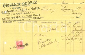 Documento originale, autentico 1938 LECCO Giovanni ODOBEZ Trasporti carboni legna nafta Fattura commerciale 1