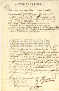 1810 MILANO REGNO D'ITALIA Mandato di comparizione per Delia TALAMONA VERTEMATI Documento originale d'epoca, del Regno d'Italia napoleonico.Si tratta di un mandato di comparizione davanti alla Giudicatura di Pace, per la restituzione degli oggetti presenti nella casa che Delia Talamona Vertemati aveva affittato  o per una compensazione economica.(Rif. A220) CONDIZIONI:FAIR/discreto piegature d'epoca; lievi gualciture marginali con minimi strappiFORMATO: 20x30 cm originale e autentica 1