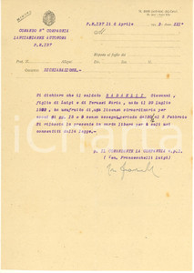 1943 WW2 P.M.137 8^ Compagnia Lanciafiamme Autonoma - Licenza Giovanni RADAELLI Lettera originale d'epoca, su carta intestata, con firma autografa del tenente Luigi Franceschelli.Si tratta della dichiarazione relativa alla licenza concessa a un soldato per esami.(Rif. A192)PAGINE: 1 CONDIZIONI:FAIR/discreto piegature d'epoca; piccole fioritureFORMATO: 20x28 cm originale e autentica 1