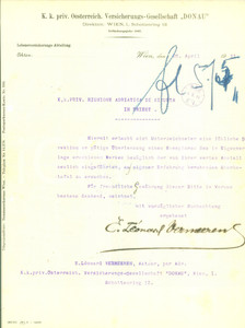 Documento originale, autentico 1911 WIEN Oesterreich. VersicherungsGesellscahft DONAU Lettera commerciale 1