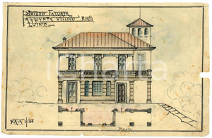 1900 ca LUINO Villino Rina - Schizzo della facciata con aggiunte *Disegno a mano Disegno d'epoca in scala 1:100.  CONDIZIONI:VERY POOR/gravemente danneggiato Piegature centrali d'epoca, piegatura agli angoli, strappi e mancanze ai margini, bruniture diffuseFORMATO: 28x18 cm originale e autentica 1