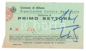 Oggetto da collezione cartaceo 1979 COMUNE DI MILANO Ripartizione cultura spettacolo  Biglietto primo settore 1