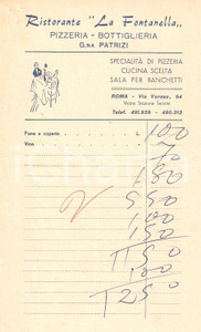 Materiale pubblicitario d’epoca 1960 ca ROMA Ristorante LA FONTANELLA Pizzeria Bottiglieria Ricevuta ILLUSTRATA 1