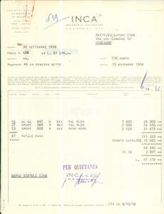Materiale pubblicitario d’epoca 1958 VIGEVANO PV Industria calzature INCA Fattura e nota di consegna 1