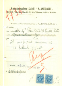 Documento originale, autentico 1935 ROMA Amministrazione Stabili ANNIBALDI Ricevuta Elena VITALI 2 1