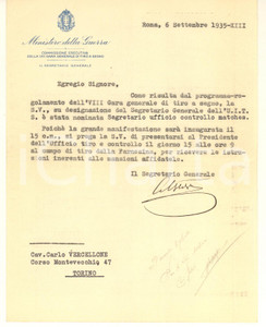 Autografo originale 1935 ROMA Ministero della Guerra - Segretario Generale TIRO A SEGNO *Autografo 1