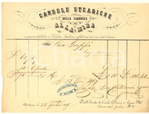 Documento originale, autentico 1867 MILANO Fabbrica ALLA MIRA Candele steariche - Erede Carlo Decio *Fattura 1