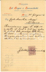 Documento originale, autentico 1894 MILANO Via L. Palazzi - DEL NEGRO & PARROCCHETTI ingegneri *Ricevuta 1