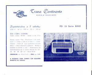 Materiale pubblicitario d’epoca 1960 ca TRANS CONTINENTS Radio e televisori  Supereterodina Volantino velina 1
