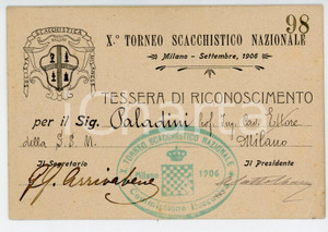 Oggetto da collezione cartaceo 1906 MILANO X Torneo Scacchistico Nazionale - Tessera Ing. Cav. Ettore PALADINI 1