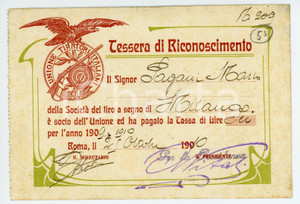 Oggetto da collezione cartaceo 1909 MILANO Unione tiratori italiani - Tessera di Mario PAGANI 13x8 cm 1 Oggetto da collezione cartaceo 1909 MILANO Unione tiratori italiani - Tessera di Mario PAGANI 13x8 cm 1