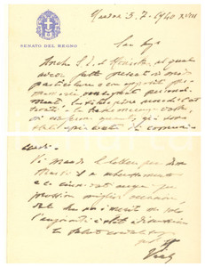 Autografo originale 1940 MONDOVI' (CN) Biglietto sen. Guido VIALE per mancato aiuto *AUTOGRAFO 1