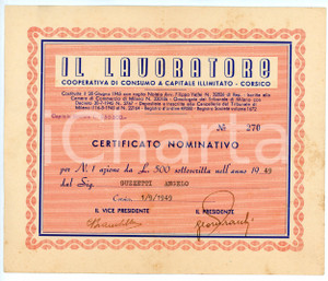 Oggetto da collezione cartaceo 1949 CORSICO Cooperativa IL LAVORATORE Certificato nominativo di Angelo GUZZETTI 1 Oggetto da collezione cartaceo 1949 CORSICO Cooperativa IL LAVORATORE Certificato nominativo di Angelo GUZZETTI 1