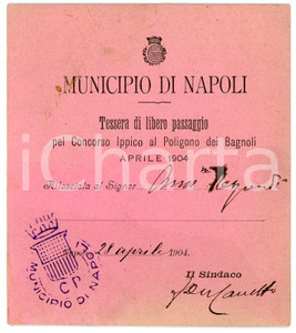 Autografo originale 1904 NAPOLI Autografo Ferdinando DEL CARRETTO DI NOVELLO Tessera Concorso ippico 1