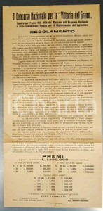 Documento originale, autentico 1925 PNF  VITTORIA DEL GRANO 3° Concorso Nazionale  Regolamento Manifesto 1