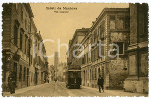 Cartolina originale da collezione 1920 ca MANTOVA Via Cavour Insegna Attilio LANZA Maniscalco e tram BIRRA WUHRER 1