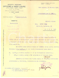 Manoscritto, lettera originale 1926 VADO LIGURE Società Anonima Officine Lettera a un cliente per obbligazioni 1