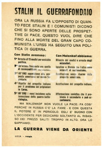 Oggetto da collezione cartaceo 1955 ca PROPAGANDA ANTICOMUNISTA Malenkov fa il contrario di Stalin  Volantino 1