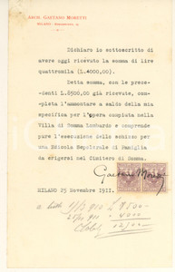Autografo originale 1911 MILANO Arch. Gaetano MORETTI  Ricevuta lavoro Somma Lombardo Autografo 1