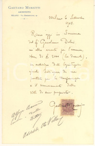 Autografo originale 1908 MILANO Arch. Gaetano MORETTI  Ricevuta lavoro Villa Dolci Autografo 1 Autografo originale 1908 MILANO Arch. Gaetano MORETTI  Ricevuta lavoro Villa Dolci Autografo 1