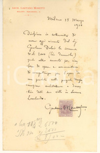 Autografo originale 1910 MILANO Arch. Gaetano MORETTI  Ricevuta lavoro Villa Dolci Autografo 1