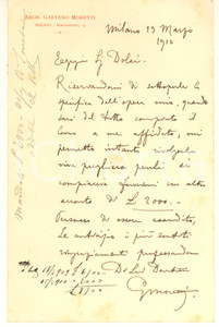 Autografo originale 1910 MILANO Arch. Gaetano MORETTI chiede acconto per un lavoro  Autografo 1 Autografo originale 1910 MILANO Arch. Gaetano MORETTI chiede acconto per un lavoro  Autografo 1