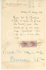 Autografo originale 1909 MILANO Arch. Gaetano MORETTI  Ricevuta per lavoro Villa Dolci Autografo 1 Autografo originale 1909 MILANO Arch. Gaetano MORETTI  Ricevuta per lavoro Villa Dolci Autografo 1