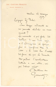 Autografo originale 1909 MILANO Lettera arch. Gaetano MORETTI Necessità di un acconto Autografo 1 Autografo originale 1909 MILANO Lettera arch. Gaetano MORETTI Necessità di un acconto Autografo 1