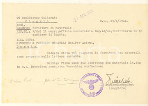 Documento originale, autentico 1944 WW2 OT Bauleitung GALLARATE  Fornitura ditta REDAELLI per cantiere Lonate 1
