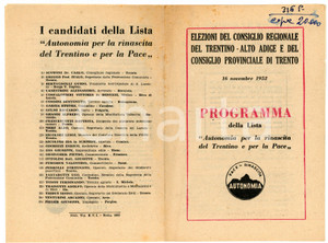 Oggetto da collezione cartaceo 1952 TRENTO Programma lista AUTONOMIA PER RINASCITA DEL TRENTINO E PER LA PACE 1 Oggetto da collezione cartaceo 1952 TRENTO Programma lista AUTONOMIA PER RINASCITA DEL TRENTINO E PER LA PACE 1