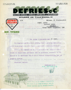 Oggetto da collezione cartaceo 1939 MILANO Macchine utensili DEFRIES Preventivo per paranchi 22x27 cm 1 Oggetto da collezione cartaceo 1939 MILANO Macchine utensili DEFRIES Preventivo per paranchi 22x27 cm 1