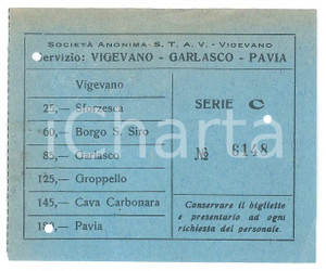 Oggetto da collezione cartaceo 1950 ca STAV Società trasporti  Biglietto VIGEVANO  GARLASCO  PAVIA 10x8 cm 1