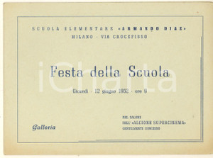 Oggetto da collezione cartaceo 1952 MILANO via Crocifisso 15  Scuola Elementare Armando Diaz  Invito festa 1