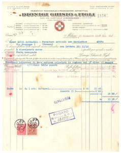 Documento originale, autentico 1940 MILANO Via Guicciardini 6  Dionigi GHISIO Fabbrica medicazione  Fattura 1