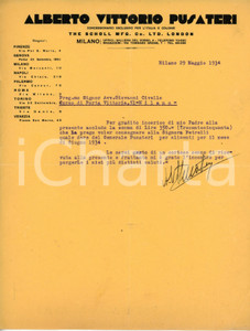 Oggetto da collezione cartaceo 1924 MILANO Alberto Vittorio PUSATERI Concessionario SCHOLL MFG Lettera 1