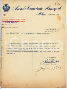 Oggetto da collezione cartaceo 1944 MILANO  ATM Servizio Responsabilità Civile  Lettera per esposto 1