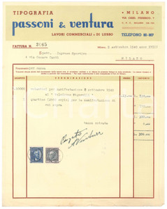 Documento originale, autentico 1940 MILANO Tipografi PASSONI & VENTURA Fattura volantini  Velodromo 1