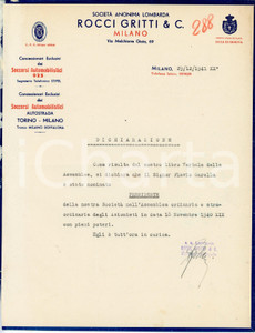 Oggetto da collezione cartaceo 1941 MILANO Società ROCCI GRITTI Nomina del presidente Flavio GARELLA Lettera 1 Oggetto da collezione cartaceo 1941 MILANO Società ROCCI GRITTI Nomina del presidente Flavio GARELLA Lettera 1
