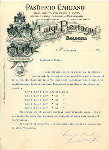 Oggetto da collezione cartaceo 1911 BOLOGNA Pastificio Emiliano LUIGI BERTAGNI Lettera commerciale 1