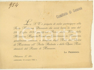 Oggetto da collezione cartaceo 1932 ARENZANO Festa Notturna Danzante  Villa Negrotto Cambiaso DANNEGGIATO 1
