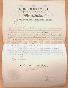 Documento originale, autentico 1881 ROMA Nomina Alessandro PRATO Cavaliere Ordine della CORONA D ITALIA 1