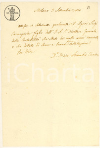 Documento originale, autentico 1820 MILANO Giovanni STRAMBIO ? Certificato Luigi CARMAGNOLA Autografo 1